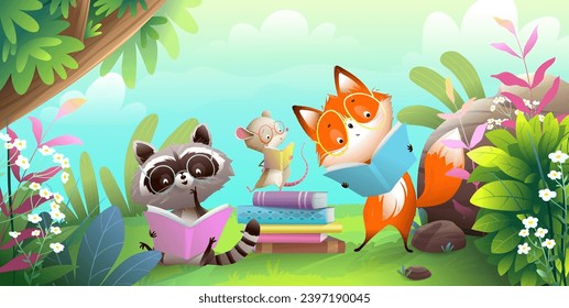 Cute animals reading book or studying in the forest landscape. Kids library illustration for education and study, funny animals reading books cartoon, Vector fairytale jungle in watercolor style.