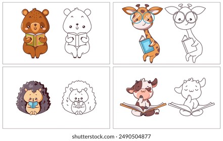 Cute animals reading books 2D cartoon characters set. Elementary school decor cute personages coloring pages color and linear illustrations
