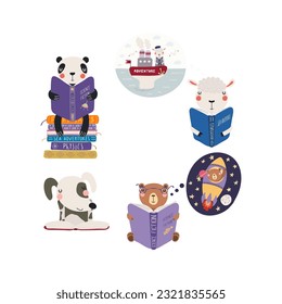 Cute animals reading books cartoon illustration, frame with copy space. Hand drawn Scandinavian style funny characters, flat design, isolated vector. Kids print element, literature, library, bookstore