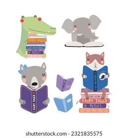 Animales adorables leyendo libros ilustrando caricaturas, enmarcados con espacio de copia. Caracteres graciosos de estilo escandinavo dibujados a mano, diseño plano, vector aislado. Elemento de impresión infantil, literatura, biblioteca, librería