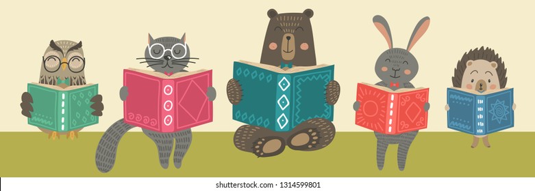 Cute animals reading books. Children's education illustration.