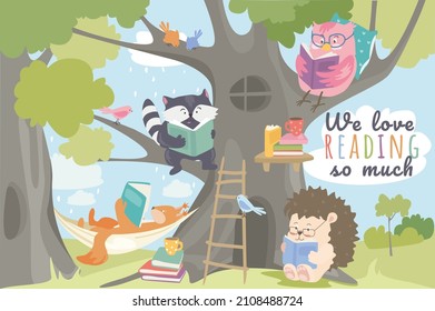 Cute animals reading books concept background. Pets love to read. Owl, raccoon, squirrel and hedgehog sitting with books near house in tree in green forest. Vector illustration in flat cartoon design