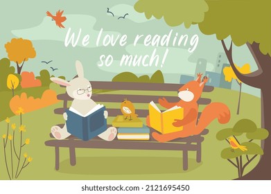 Cute animals reading books concept background. Pets love to read. Owl, raccoon, squirrel and hedgehog sitting with books near house in tree in green forest. Vector illustration in flat cartoon design
