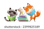 Cute animals reading books. Fox, raccoon and mouse studying, cartoon for children education. Funny library characters for kids. Vector hand drawn clip art illustration in watercolor style.