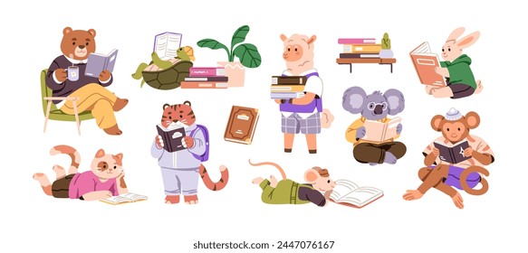 Cute animals reading books set. Funny fantasy characters studying, learning with textbooks. Fairy-tale bear, bunny, cat, tiger and monkey. Flat graphic vector illustration isolated on white background