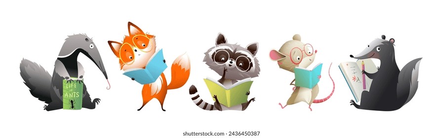 Animales lindos que leen libros o estudian, personajes dibujados a mano para niños. Caricatura de biblioteca y literatura para niños con mapache de ratón zorro y tejón leyendo libros. Colección de imágenes prediseñadas de animales vectoriales.