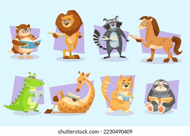 Cute animals reading books vector illustration set. Owl, lion, raccoon, horse, crocodile, giraffe, cat, sloth with books isolated on blue background. Education concept