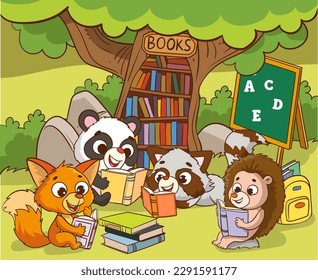 cute animals reading under the tree cartoon vector