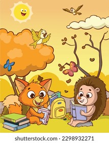 cute animals reading under the tree cartoon vector