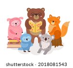 Cute animals reading. Wild animal read books, funny bear holding book. School study, library child characters. Literature exact vector concept