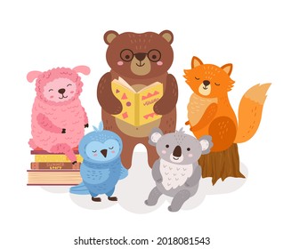 Cute animals reading. Wild animal read books, funny bear holding book. School study, library child characters. Literature exact vector concept