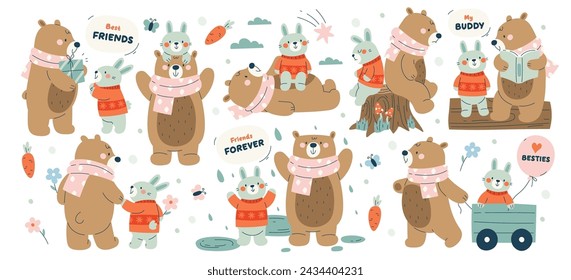 Nette Tierbeziehung, lustiger Bär und Hasenfreunde, die Spaß haben, die Zeit zusammen zu verbringen. Wilder Wald Grizzly und Kaninchen genießen Wald Abenteuer Erholung Aktivität Vektor-Illustration