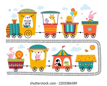 Cute animals ride train. Fun zoo trains, toddler party banner elements. Children funny safari with wild animal. Travelling on transport railway nowaday vector characters