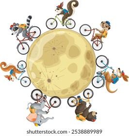 Cute animals riding bicycles around a moon