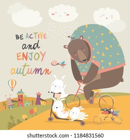 Cute animals riding a bicycles in autumn park