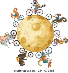 Cute animals riding bikes around a moon