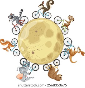 Cute animals riding bikes around a moon