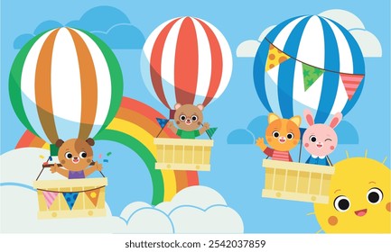 Cute animals riding on hot air balloons on sky landscape with cloud and rainbow above pond, green field. Animal character cat, bunny, bear, dog on aerostat with baskets. Journey, back to school.