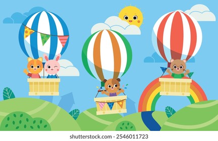 Cute animals riding on hot air balloons on sky landscape with cloud and rainbow above pond, green field. Animal character cat, bunny, bear, dog on aerostat with baskets. Journey, back to school.