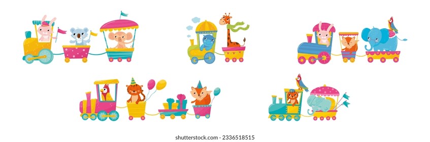 Cute Animals Riding Train Having Adventure Vector Set