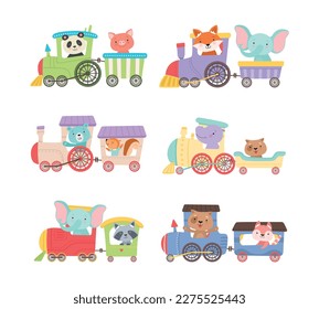 Cute animals riding train set. Little panda, pig, fox, elephant, squirrel, raccoon, hippo on toy locomotive cartoon vector illustration