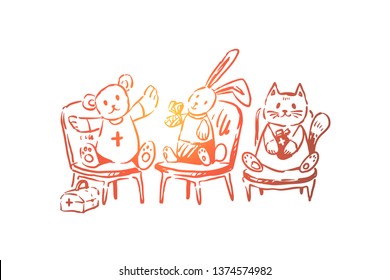 Cute animals, role playing, teddy bear, bunny and cat in bandages, first aid kit, children hospital. Pediatric clinic, soft toys in pediatrician office concept sketch. Hand drawn vector illustration