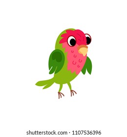 Cute animals - rosy faced lovebird parrot. Illustrations for children. Baby Shower card. Cartoon character bird parakeet isolated on white background. Tropical animal wildlife