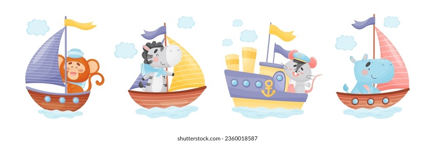 Cute Animals in Sailor Hats Boating and Sailing Vector Set