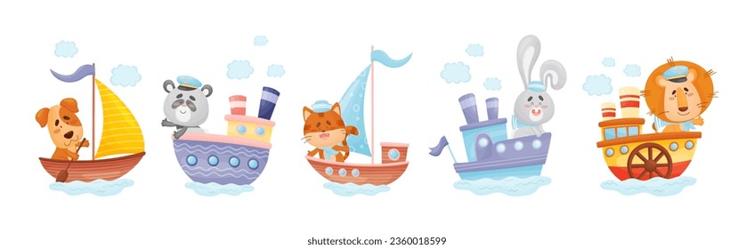Cute Animals in Sailor Hats Boating and Sailing Vector Set