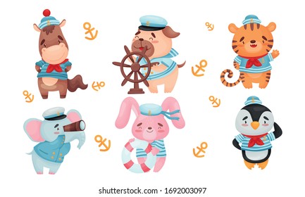 Cute Animes in Sailor-Anzügen und Hats Fang- und Segelset-Vektorillustration