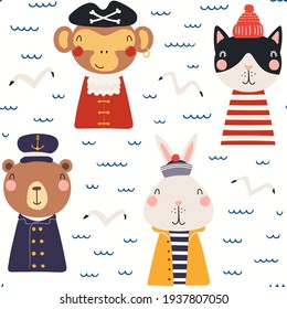 Cute animals sailors, pirates, gulls, sea waves nautical seamless pattern on white background. Hand drawn vector illustration. Scandinavian style flat design. Concept for kids textile print, wallpaper