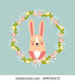 Cute animals. Scandinavian style. Frame. Flowers. For children's clothes. Greeting card. Bright.