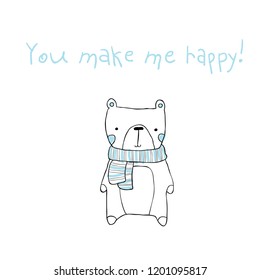 Cute animals in the Scandinavian style. Vector friendly greeting cards. You make me happy. Bear