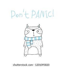 Cute animals in the Scandinavian style. Vector friendly greeting cards. Don't panic! raccoon