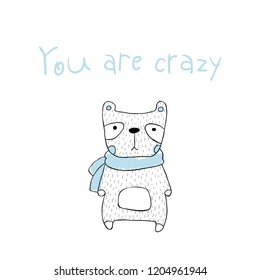 Cute animals in the Scandinavian style. Vector friendly greeting cards. panda, bear, crazy