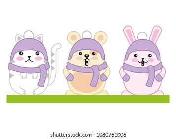 cute animals with scarf and hat kawaii character