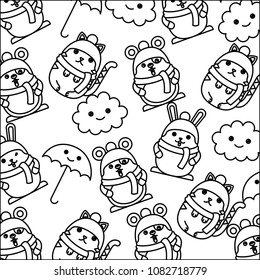 cute animals with scarf and umbrella pattern kawaii character