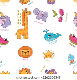 Animales sin costura. Elemento de diseño repetitivo para imprimir en tela. Girafa, elefante y león, unicornio, estrella y ballena. Animales tropicales y exóticos. Dibujo vectorial plano de dibujos animados