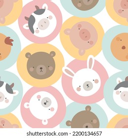 Cute animals seamless pattern, abstract hand drawn dot background with adorable farm animals vector illustration
