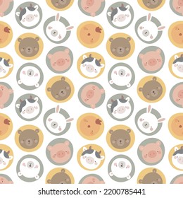 Cute animals seamless pattern, abstract hand drawn dot background with adorable farm animals vector illustration