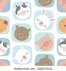 Cute animals seamless pattern, abstract hand drawn dot background with adorable farm animals vector illustration