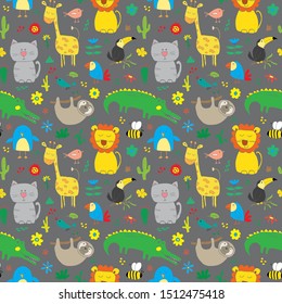 Cute Animals Seamless Pattern, Cartoon Hand Drawn Animal Doodles Vector Illustration.