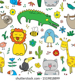 Cute Animals Seamless Pattern, Cartoon Hand Drawn Animal Doodles Vector Illustration.