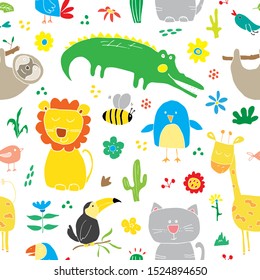 Cute Animals Seamless Pattern, Cartoon Hand Drawn Animal Doodles Vector Illustration.