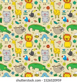 Cute Animals Seamless Pattern, Cartoon Hand Drawn Animal Doodles Vector Illustration.