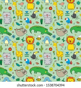 Cute Animals Seamless Pattern, Cartoon Hand Drawn Animal Doodles Vector Illustration.