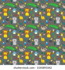 Cute Animals Seamless Pattern, Cartoon Hand Drawn Animal Doodles Vector Illustration.