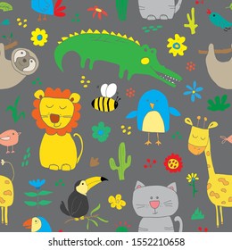 Cute Animals Seamless Pattern, Cartoon Hand Drawn Animal Doodles Vector Illustration.