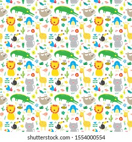 Cute Animals Seamless Pattern, Cartoon Hand Drawn Animal Doodles Vector Illustration.