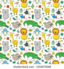 Cute Animals Seamless Pattern, Cartoon Hand Drawn Animal Doodles Vector Illustration.
